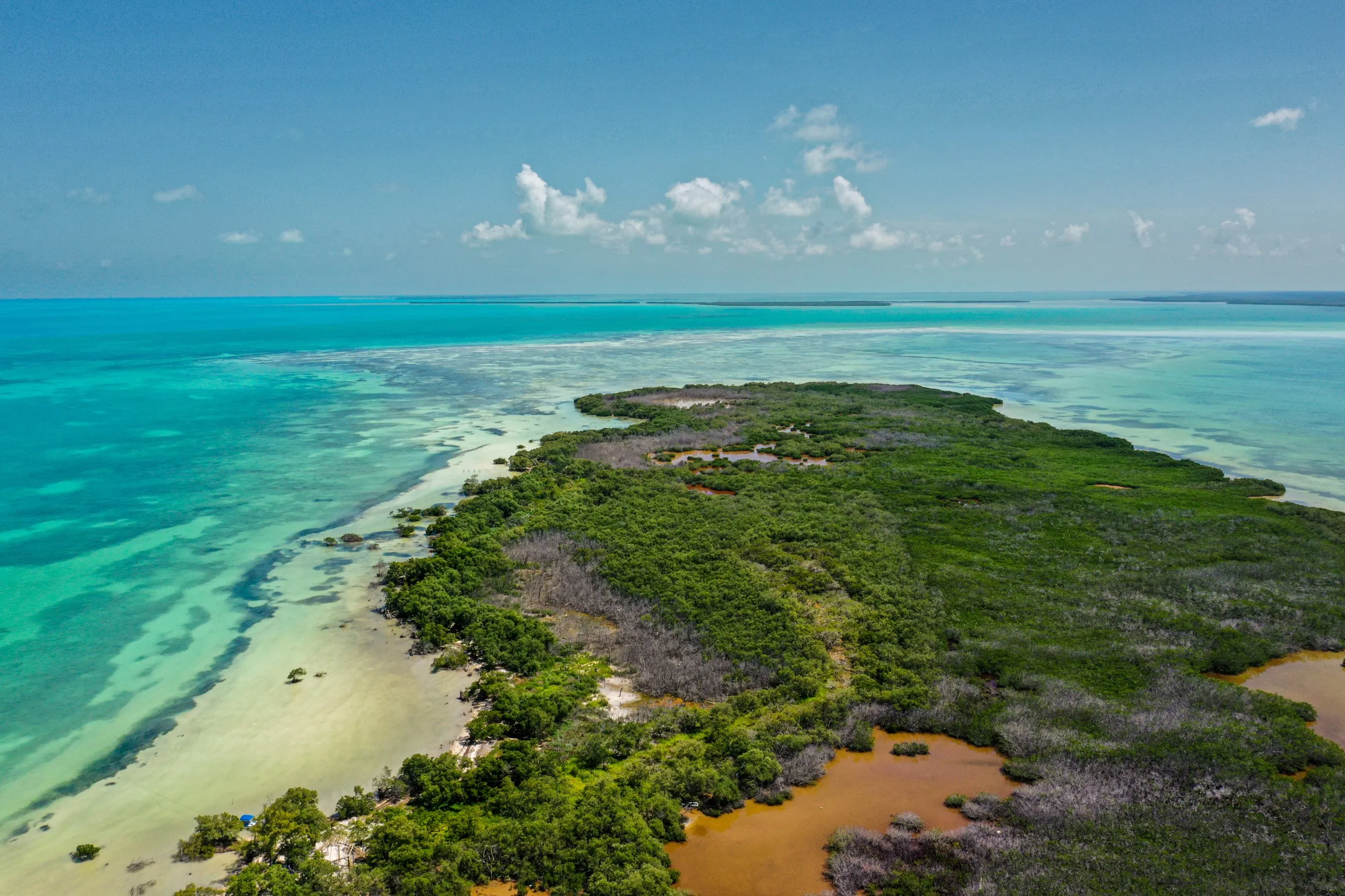 Aerial view of shallow Florida Keys flats and mangrove islands