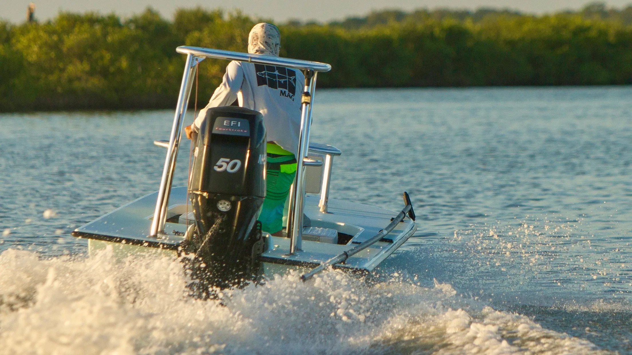 Capt. Jess running his Maverick skiff across the backcountry